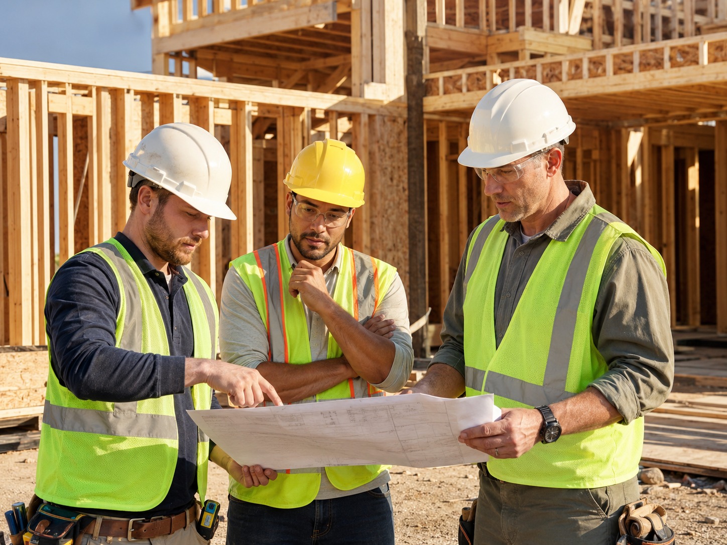 Construction team coordinating at a framing site